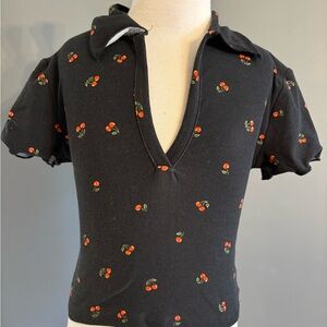 Black Cherry Print Collared Top